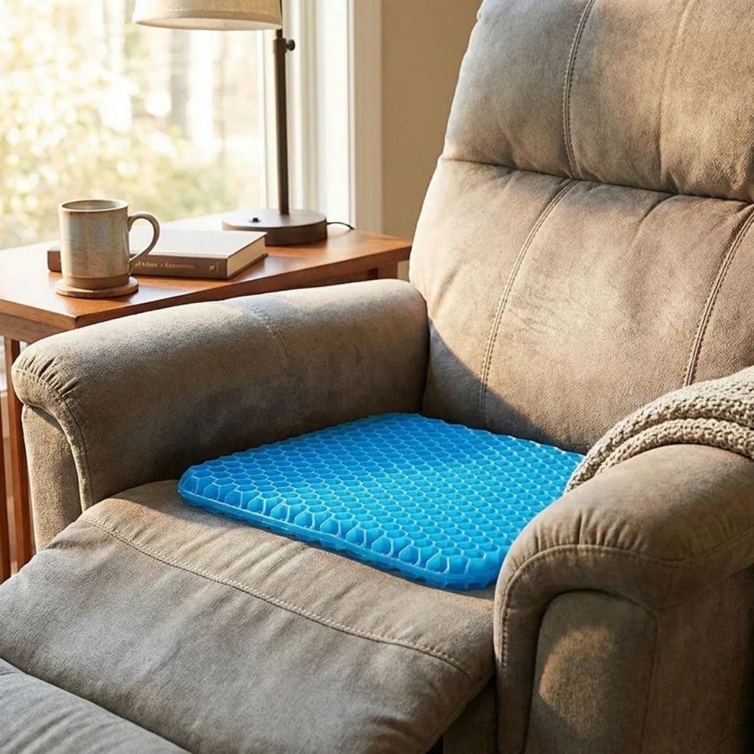 CellGel+ cushion on a cozy recliner with warm natural light and a coffee cup nearby