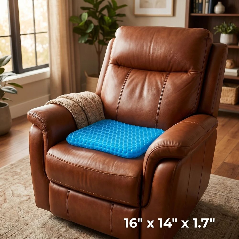 CellGel+ Seat Cushion on a leather recliner in a cozy living room