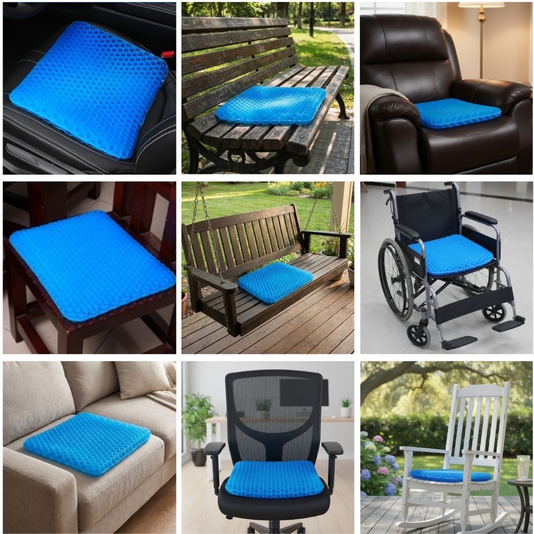 CellGel+ cushion shown in 9 different settings: car, bench, recliner, wheelchair, sofa, office chair, rocking chair
