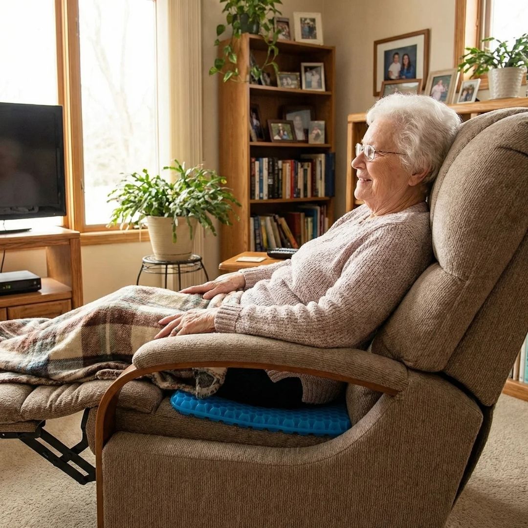 Elderly woman sitting comfortably in recliner with CellGel+ cushion