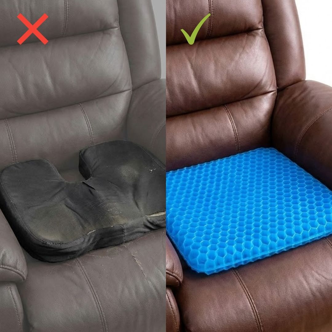 Side-by-side comparison: worn-out foam cushion (X) vs CellGel+ maintaining its shape (checkmark)